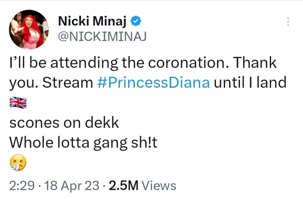 Nicki Minaj Pengin Duduk di Sebelah Pangeran Harry di Penobatan Raja Charles III, Ini Alasannya