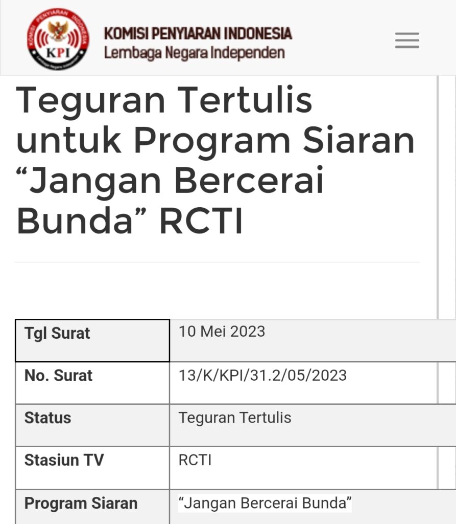 Tampilkan Perundungan Sekolah, Jangan Bercerai Bunda Kena Tegur KPI